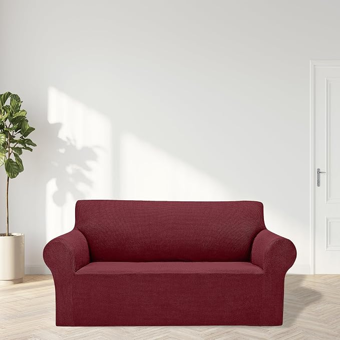 Cupuamon 2026 New Stretch Loveseat Sofa Slipcovers Couch Cover for 2 Cushion Furniture Protector Sofa Covers with Elastic Bottom Jacquard Fabric Small Checks for Pets, Kids - Dark Red
