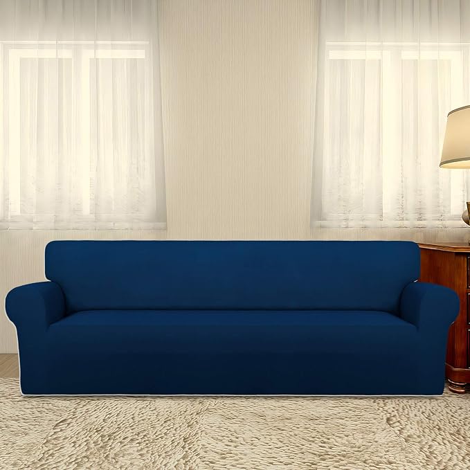 PureFit Stretch Couch Covers for Sofa 4 Seater Slipcovers Navy | 1-Piece Sofa Cover Washable Soft Couch protector, Couch Slipcover with Non Skid Foam and Elastic Bottom for Kids, Dogs