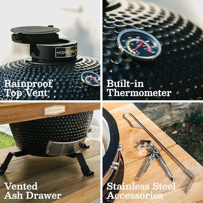 Ash & Ember 18" Kamado Grill Kit with Grade A Teak Table, Spacious Shelves, Built-In Thermometer, Airflow Vent, Heat Deflector, Ash Drawer, Ash Tool, Clip Tool, Protective Cover Included