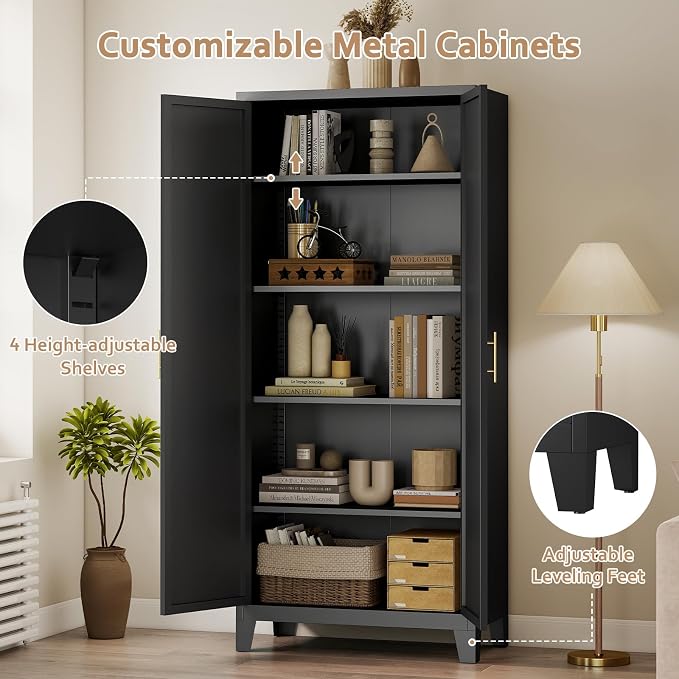 Zevemomo 71" Metal Pantry Cabinet, Tall Metal Storage Cabinet for Kitchen | Steel Cabinet with 2 Doors and 4 Adjustable Shelves, Freestanding Cupboard for Kitchen, Bathroom, Dinning Room or Laundry