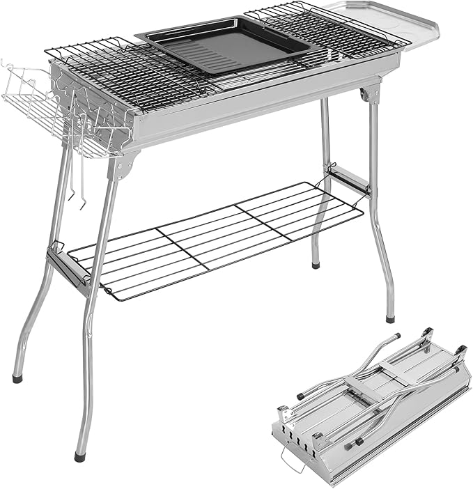 Portable Charcoal BBQ Grill, Foldable Smoker Tall Barbecue Grill Charcoal Outdoor Lightweight for Cooking Camping Hiking Picnics Tailgating Backpacking Garden Beach Party (39.3"L x 27.9"H)