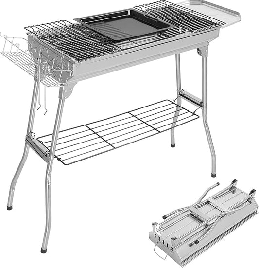 Portable Charcoal BBQ Grill, Foldable Smoker Tall Barbecue Grill Charcoal Outdoor Lightweight for Cooking Camping Hiking Picnics Tailgating Backpacking Garden Beach Party (39.3"L x 27.9"H)