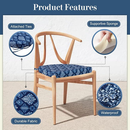 Cozyide Outdoor Chair Cushions, Waterproof Patio Seat Cushions with Adjustable Straps, Round Corner Patio Chair Cushions for Garden, Indigo Badge, 17x16x2 Inch (Pack of 4)