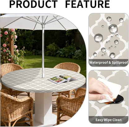 Outdoor Tablecloth with Umbrella Hole and Zipper Fits 49-52" Tables | Waterproof Round Fitted Tablecloth with Elastic Edge, Wipeable Outdoor Table Cover for Patio, Garden, Picnic