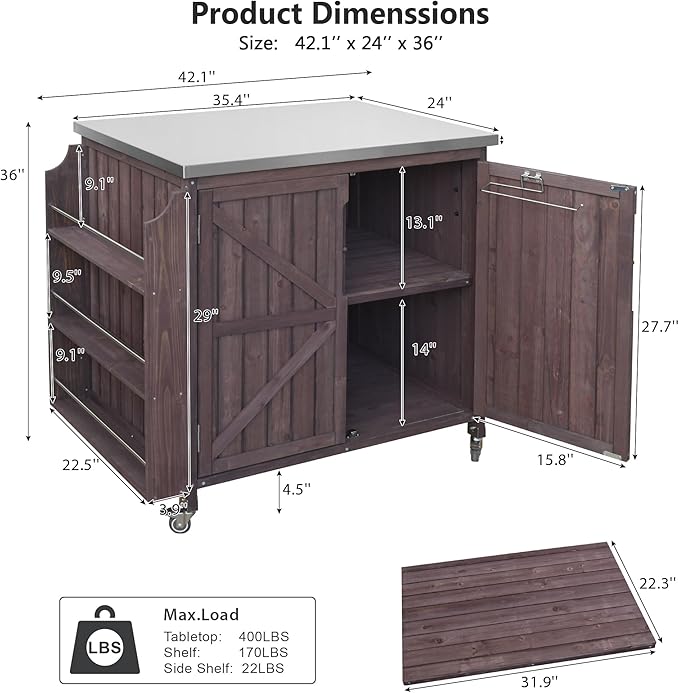 Outdoor Kitchen Island with 4 Locking Wheels, 42” Stainless Steel Top Grill Prep Station, Solid Fir Wood Storage Cabinet with 3-Tier Side Shelf and Adjustable Rack for Patio and BBQ, Brown