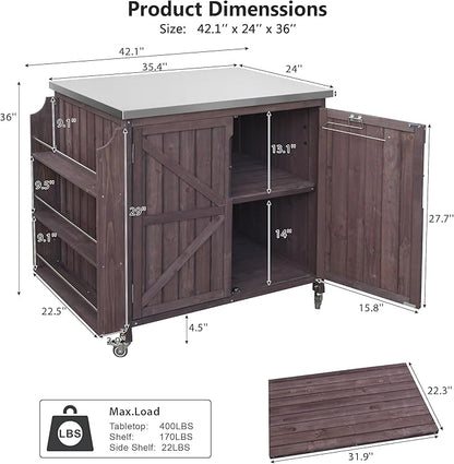 Outdoor Kitchen Island with 4 Locking Wheels, 42” Stainless Steel Top Grill Prep Station, Solid Fir Wood Storage Cabinet with 3-Tier Side Shelf and Adjustable Rack for Patio and BBQ, Brown