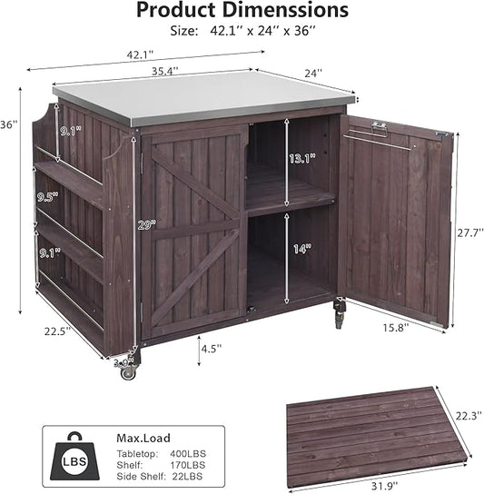 Outdoor Kitchen Island with 4 Locking Wheels, 42” Stainless Steel Top Grill Prep Station, Solid Fir Wood Storage Cabinet with 3-Tier Side Shelf and Adjustable Rack for Patio and BBQ, Brown