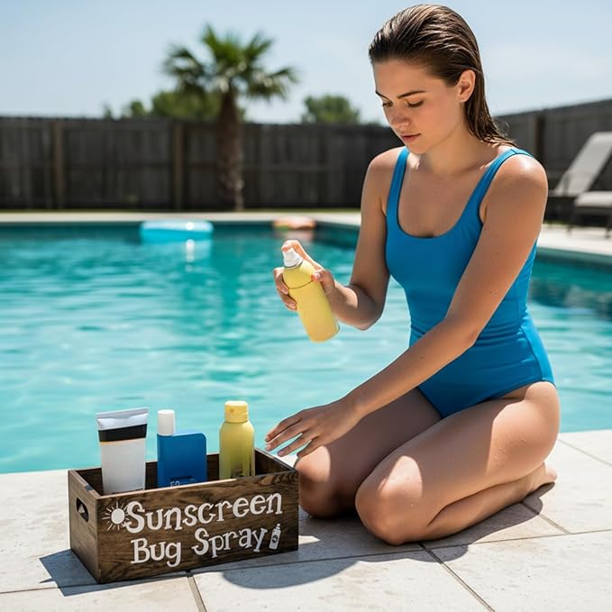 CroBlissful Sunscreen Bug Spray Storage Basket Summer Beach Wooden Box with 3 Compartment Dark Brown Toilet Tank Tray for Indoor Outdoor Swimming Pool Decor Sunblock Sunglasses Pool Toy Storage Basket