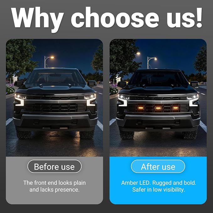 3Pcs LED Front Grille Lights Compatible with 2022-2026 Chevy Silverado 1500 LT Front Bumper Lamp Decorative Grille Lights with Fuse Wire Replacement for 2022-2026 Chevy Silverado Accessories