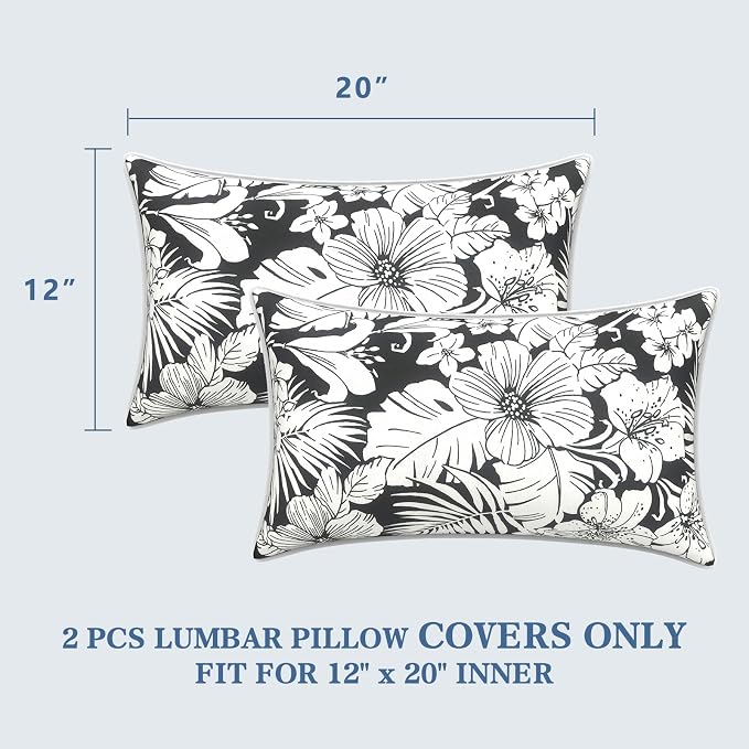 LVTXIII 2 Pack Outdoor Lumbar Pillow Covers 12x20 Inch with Piping, Water-Repellent Back Cushion Covers ONLY for Patio Furniture, Sofa, Garden Bench, Noir Floral