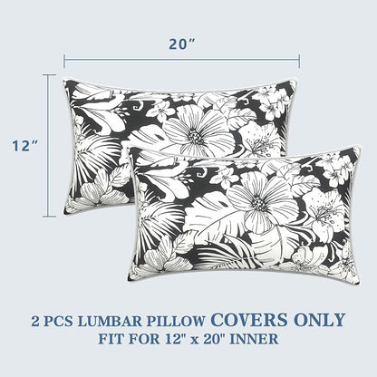 LVTXIII 2 Pack Outdoor Lumbar Pillow Covers 12x20 Inch with Piping, Water-Repellent Back Cushion Covers ONLY for Patio Furniture, Sofa, Garden Bench, Noir Floral
