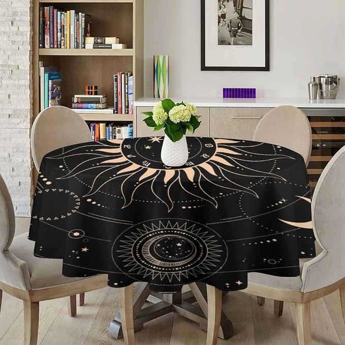 Vintage Tarot Moon Round Tablecloth Boho Mystical Crescent Cosmic Zodiac Star Galaxy Space Table Cloth Water Resistant Wipeable Table Cover for Picnic Party Holiday Kitchen Dinner Table 70"
