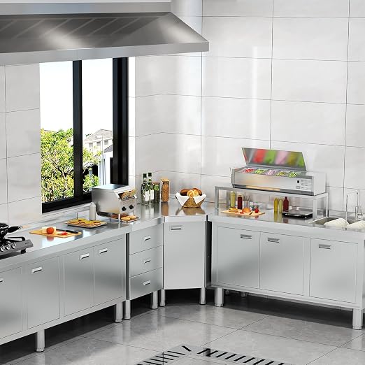 ZZV Corner Stainless Steel Table with Cabinet for Prep & Work Heavy Duty Work Table Commercial Stainless Steel Kitchen Cabinet for Restaurant Hotel Cafe Workshop Garage