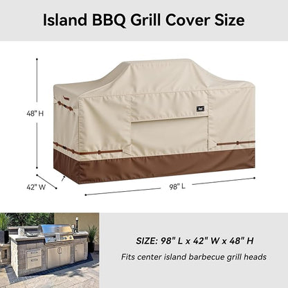 600D Heavy Duty Waterproof Extra Large Grill Cover, Fits for 98 Inch Island with Center Grill Head, Tear & Fade Resistant Outdoor Kitchen Cover with Buckle, Drawstring, Air Vent, Beige & Brown