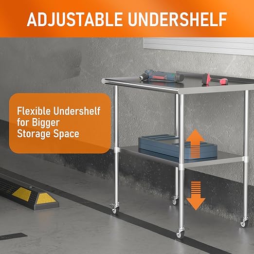Stainless Steel Prep Table 30" X 36" with Adjustable Undershelf, Backsplash and Wheels, Commercial Metal Workstations for Kitchen, Garage, Home and Hotel
