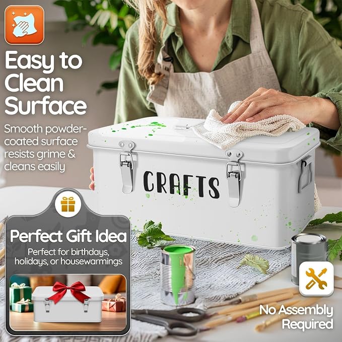 Flexzion 12-Inch Metal Seed Storage Box with Lid, 4 Compartments, White | Seed packet organizer with dual latches and carry handles for gardening supplies, tools, crafts and household essentials