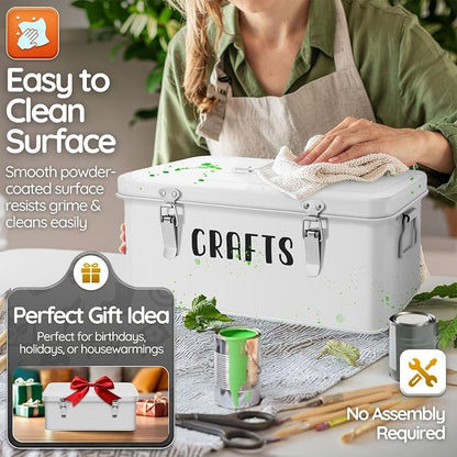 Flexzion 12-Inch Metal Seed Storage Box with Lid, 4 Compartments, White | Seed packet organizer with dual latches and carry handles for gardening supplies, tools, crafts and household essentials