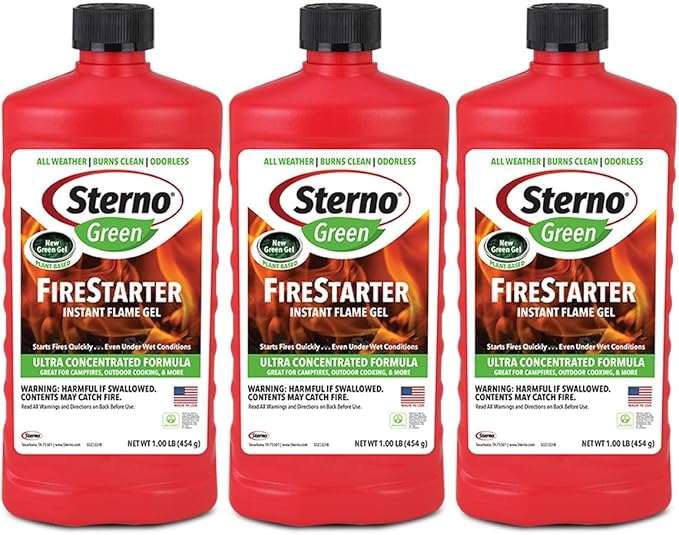 Sterno Charcoal Lighter Fluid, Fire Starter Gel for Pellet Stoves, BBQ Grilling, Campfire, Ethanol Clean Burning Instant Flame - Ultra-Concentrated, All-Weather for Indoor & Outdoor - 3-Pack, 16oz
