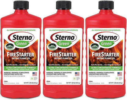 Sterno Charcoal Lighter Fluid, Fire Starter Gel for Pellet Stoves, BBQ Grilling, Campfire, Ethanol Clean Burning Instant Flame - Ultra-Concentrated, All-Weather for Indoor & Outdoor - 3-Pack, 16oz