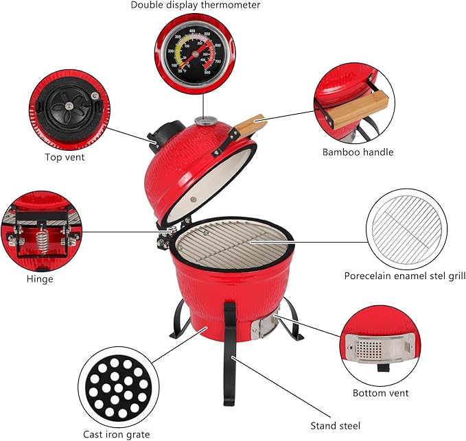Outvita Ceramic Grill, 13" Round Kamado Charcoal Grill, Portable Barbecue Grill with Thermometer for Variations on Cooking Methods(Red)