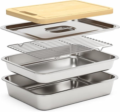 Grilling Prep and Serve Trays with Oil Drain Rack, Stainless Steel Grilling Prep and Serve Tray, Marinade Container with Lid, Oil Drain Rack, Cutting Board, BBQ Grill Accessories