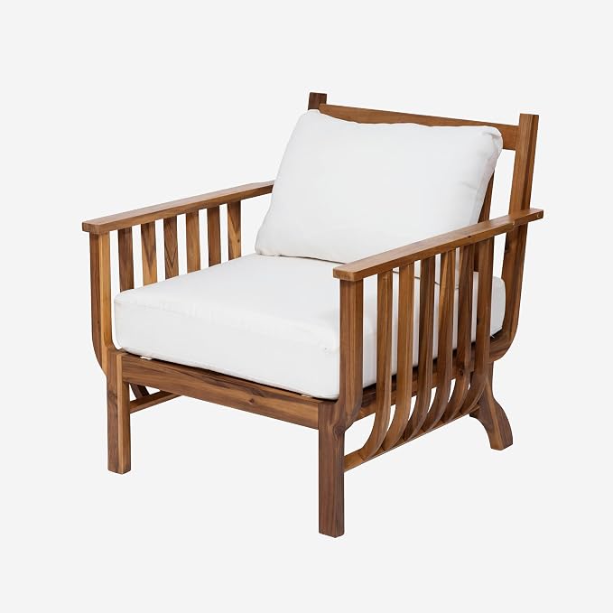 Christopher Knight Home Acacia Wood Outdoor Patio Club Chair Set of 2, Mid Century Modern Deep Seating Lounge Chairs with Armrests, Cushions & Back Pillows for Porch Balcony Backyard, Natural+Beige