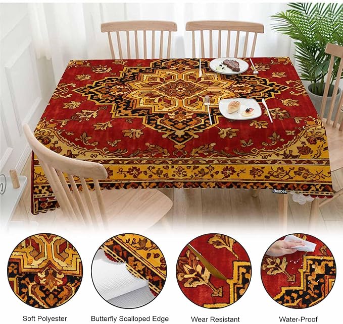 Rug Dinner Tablecloth Table Cover, Geometric Bohemian Style Carpet Rug 52x70 Inch Table Cloth Dust-Proof Table Cover Protector for Home Restaurant Picnic Camping BBQ Coffee, Red