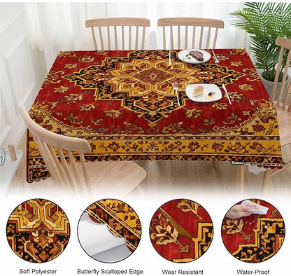 Rug Dinner Tablecloth Table Cover, Geometric Bohemian Style Carpet Rug 52x70 Inch Table Cloth Dust-Proof Table Cover Protector for Home Restaurant Picnic Camping BBQ Coffee, Red