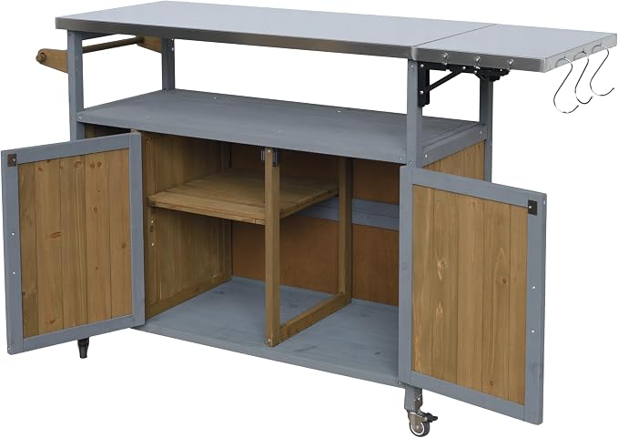 Christopher Knight Home Edsel Outdoor Bar Cart with Stainless Steel Top and Lockable Wheels, Solid Wood Outdoor Storage Cabinet, Kitchen Island Serving Cart for Poolside, Walnut Brown+Blue Gray