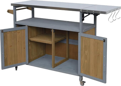 Christopher Knight Home Edsel Outdoor Bar Cart with Stainless Steel Top and Lockable Wheels, Solid Wood Outdoor Storage Cabinet, Kitchen Island Serving Cart for Poolside, Walnut Brown+Blue Gray