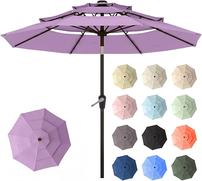 10ft Patio Umbrella, 3 Tier Outdoor Market Table Umbrellas with 8 Fiberglass Ribs and Push Button Tilt, Windproof, Vented Canopy, UV Protection for Deck, Pool, Backyard