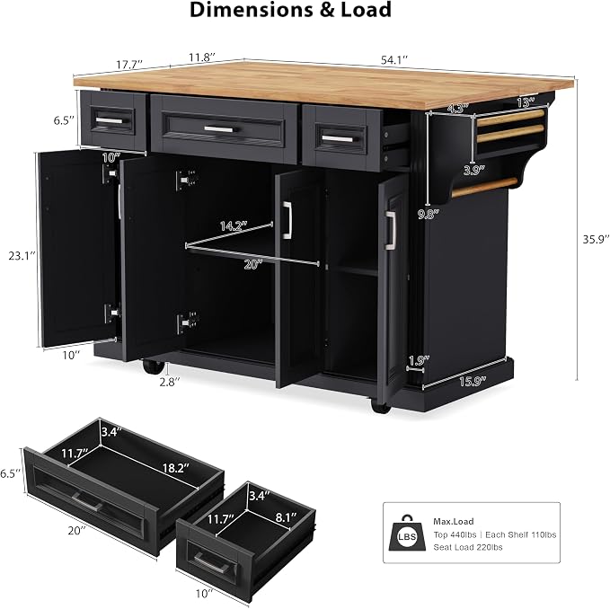 Ball & Cast Large Kitchen Island with Rubber Wood Drop Leaf,Embossed Texture Rolling Kitchen Cart On 4 Wheels W/4 Doors & 3 Drawers,Mobile Kitchen Islands W/ Storage for Kitchen,Dining Room,Black,54"