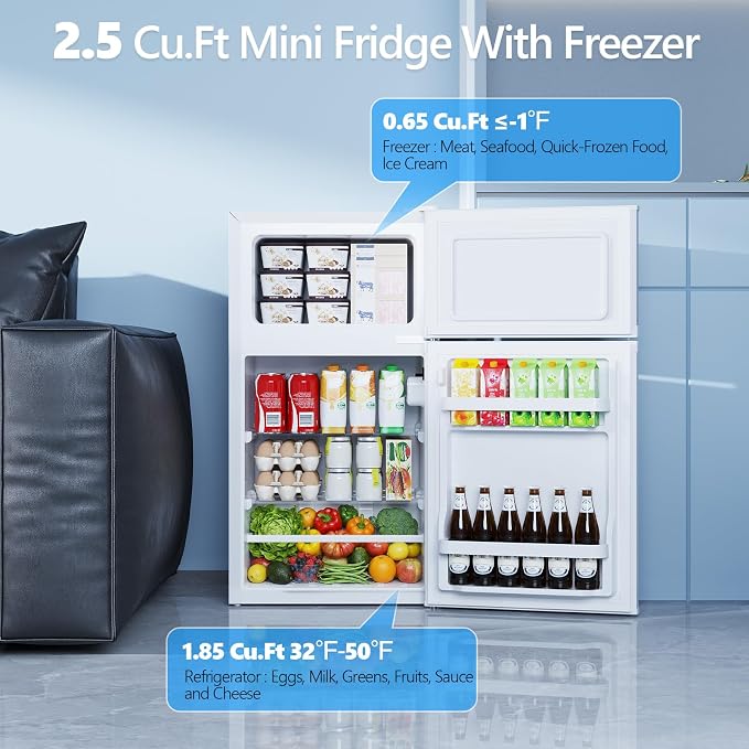 Electactic 2.5 Cu.Ft Mini Fridge with Freezer, Double-Door Compact Refrigerator, Adjustable Glass Shelves, Mechanical Thermostat & Leveling Feet, Space-Saving for Apartment/Dorm/Office, White