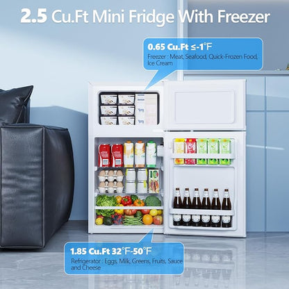 Electactic 2.5 Cu.Ft Mini Fridge with Freezer, Double-Door Compact Refrigerator, Adjustable Glass Shelves, Mechanical Thermostat & Leveling Feet, Space-Saving for Apartment/Dorm/Office, White