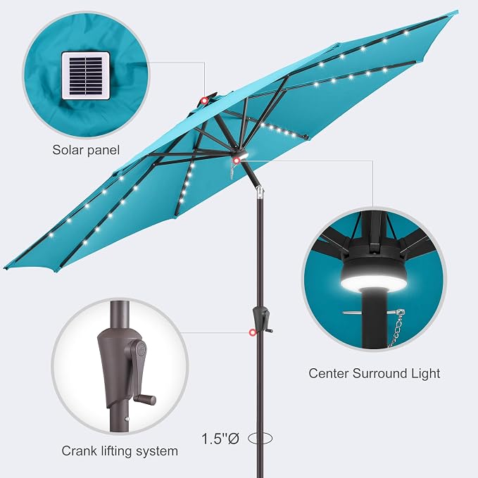Solar Patio Umbrella with Centre Light, 10 ft Aqua Blue | 40 LED Lights, UV Protection, Solar Outdoor Umbrella for Porch, Deck, Pool, Table, Garden, Provides Evening Lighting