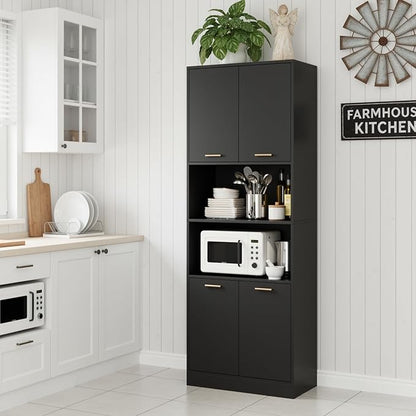 Keyluv 71" Kitchen Pantry Storage Cabinet, Kitchen Cabinet Hutch, Black | Freestanding Kitchen Hutch with Microwave Stand and Doors, Coffee Bar with Adjustable Shelves for Dining Room Living Room