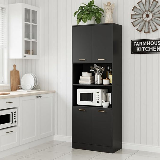 Keyluv 71" Kitchen Pantry Storage Cabinet, Kitchen Cabinet Hutch, Black | Freestanding Kitchen Hutch with Microwave Stand and Doors, Coffee Bar with Adjustable Shelves for Dining Room Living Room