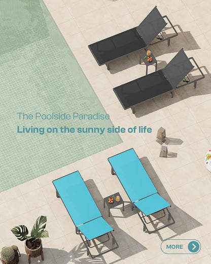 Lounge Chair Outdoor with Wheels, Aluminum Patio Chaise Lounge Chair with 5 Adjustable Backrest - Easy to Move- Pool Lounge Chairs for Deck, Beach, Poolside (Black)