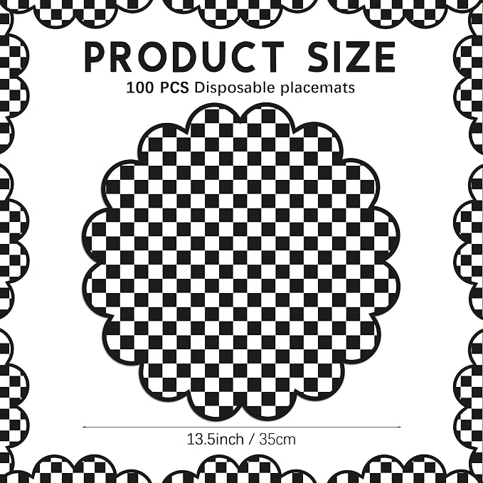 100Pcs Checkered Paper Placemats Black Gingham Place Mats 13.5 Inch Disposable Round Decorative Dining Table Mat with Scalloped Edge Paper Cutouts Decor for Picnic BBQ Table Party Supplies