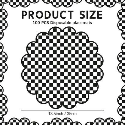 100Pcs Checkered Paper Placemats Black Gingham Place Mats 13.5 Inch Disposable Round Decorative Dining Table Mat with Scalloped Edge Paper Cutouts Decor for Picnic BBQ Table Party Supplies