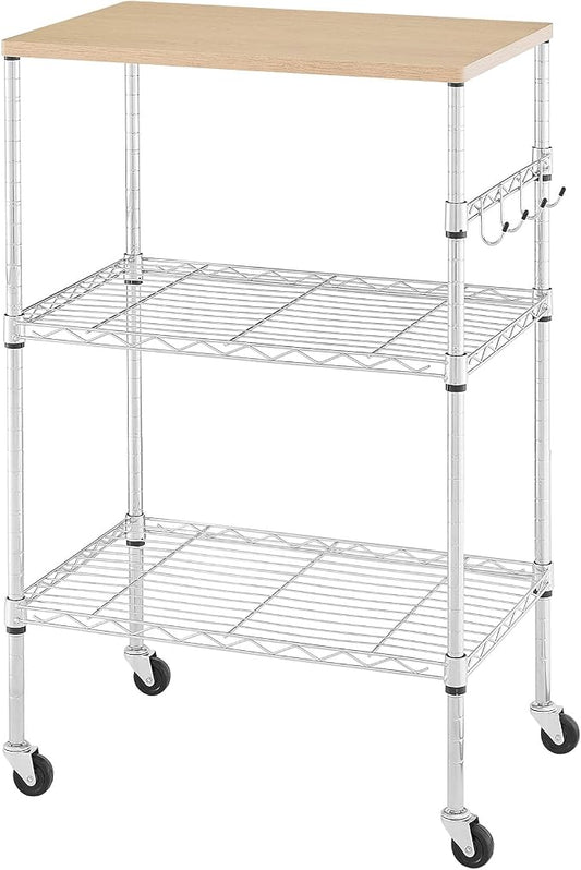 BolDuck 450Lbs Capacity Microwave Cart with Wheels, 3 Tier Rolling Cart with Adjustable Shelves, Multifunctional Metal Utility Storage Kitchen Carts on Wheels, 23.6" L*15.7" W*37" H, Wood+Chrome