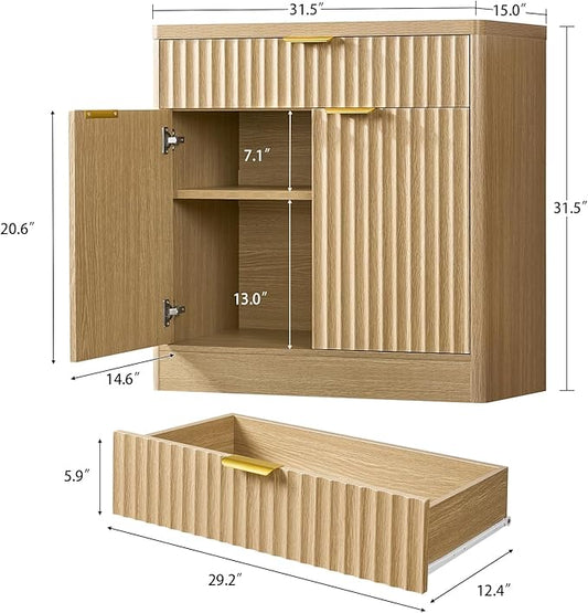 TEENFON 31.5" W Storage Cabinet with Drawer and Adjustable Shelf, Coffee Bar Cabinet, Fluted Sideboard Buffet Cabinet with 2 Doors for Living Room, Kitchen, Entryway, Natural