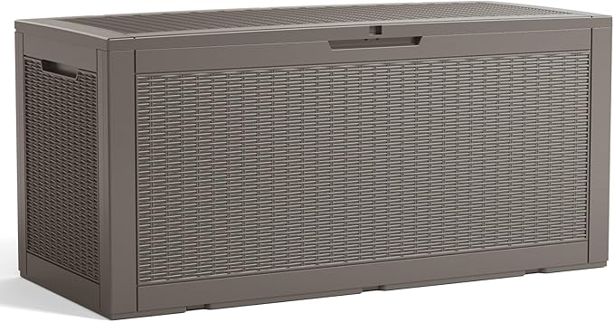 120 Gallon Outdoor Deck Box, Resin Waterproof Storage Box With Lockable Lid, UV-Resistant Multi-Purpose Outdoor Storage Bench for Patio Cushions, Garden Tools, Pool Accessories (120 Gallon, Grey)