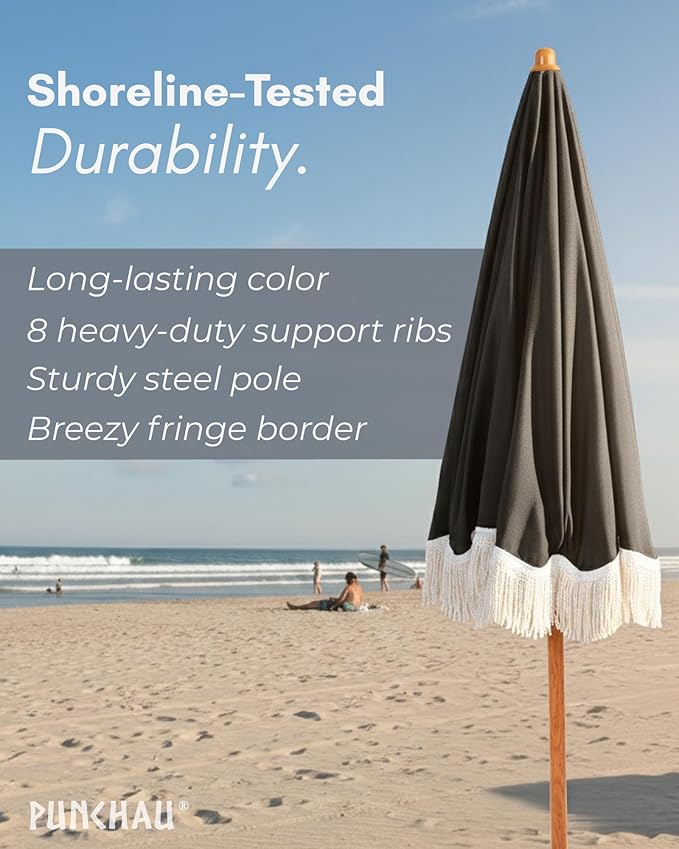 6 Ft Fringe Patio Umbrella - Outdoor Umbrella for Patio, Pool, Table, Garden, Deck, Beach, and Outdoors - Fashionable Boho Vintage Tassels & Wood Print - Push Button Tilt Pole
