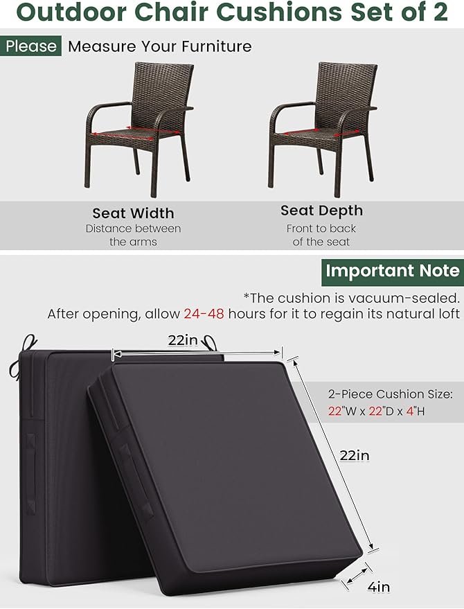 Outdoor Chair Cushion 22 x 22 x 4 Inches Patio Furniture Outdoor Waterproof Seat Cushion, Patio Chair Cushion with Handles and Ties, Square Dining Chair Cushion Set of 2, Grey