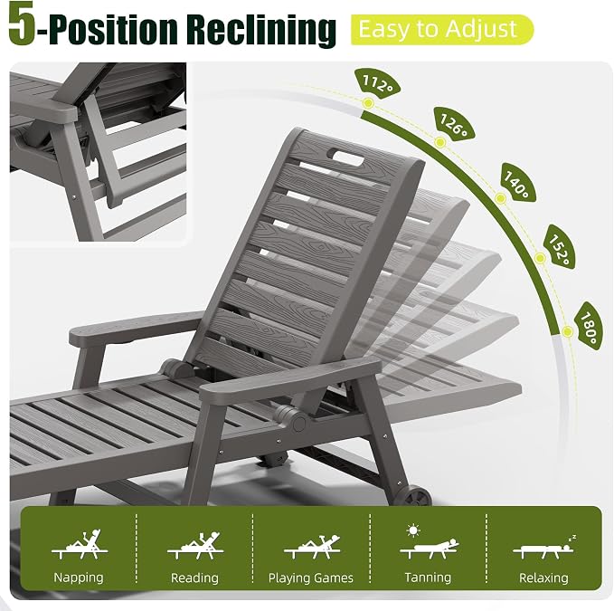 Outdoor Chaise Lounge Chair Set of 2, HDPE All-Weather Pool Lounge Chair with 5 Positions, Wheels & Cup Hoplder for Pool, Beach, Garden (Grey)