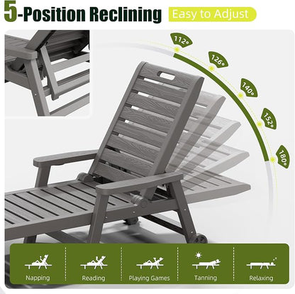 HDPE Outdoor Chaise Lounge Set of 4 with Wheels & Cup Holder, Grey | cup holder, 5-adjustable position, HDPE all-weather resin, lightweight, pool lounge chairs for pool, patio, beach, outside