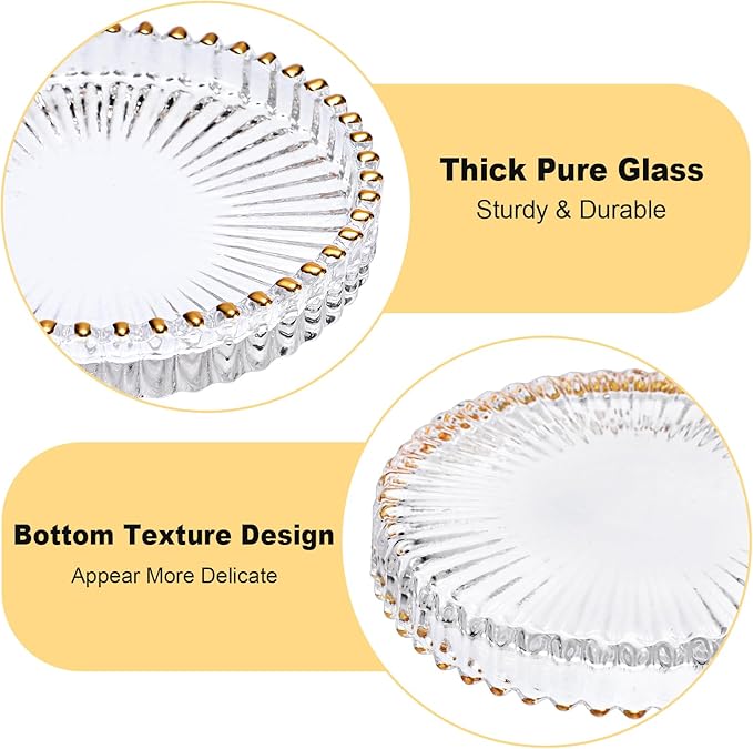 Modern Clear Coaster Set of 8 Glass Coasters for Drinks, Crystal Coasters Round Cup Mat Coffee Table Decor for Office, Kitchen, Bar, Dining Room, Living Room, Patio (Clear with Gold Rim)