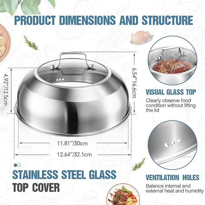 Zhehao 2 Pcs 12.6 Inch Wok Lid Pan Cover for 13 Inch Wok Stainless Steel Cheese Melting Dome with Tempered Glass Insert Steam Hole Handle Dishwasher-Safe Pot Lid for Griddle Flat Top Grills