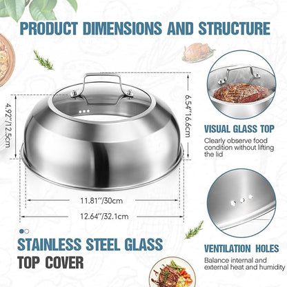 Zhehao 2 Pcs 12.6 Inch Wok Lid Pan Cover for 13 Inch Wok Stainless Steel Cheese Melting Dome with Tempered Glass Insert Steam Hole Handle Dishwasher-Safe Pot Lid for Griddle Flat Top Grills